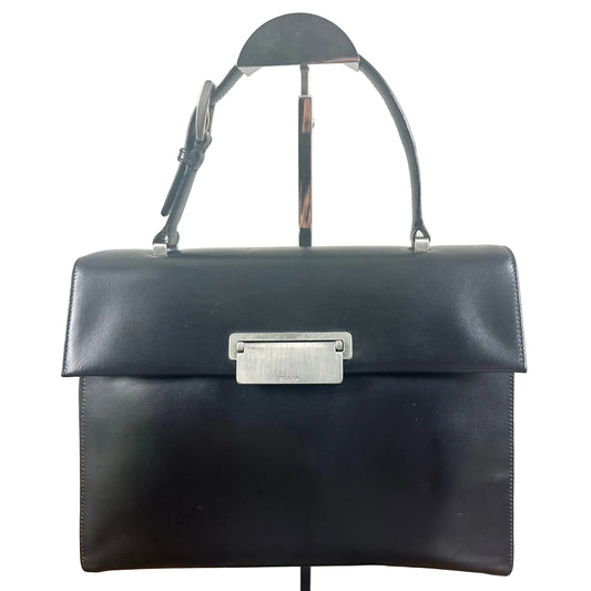 Prada Milano Vitello Lissato Black Leather Top Handle Bag Authentic Designer