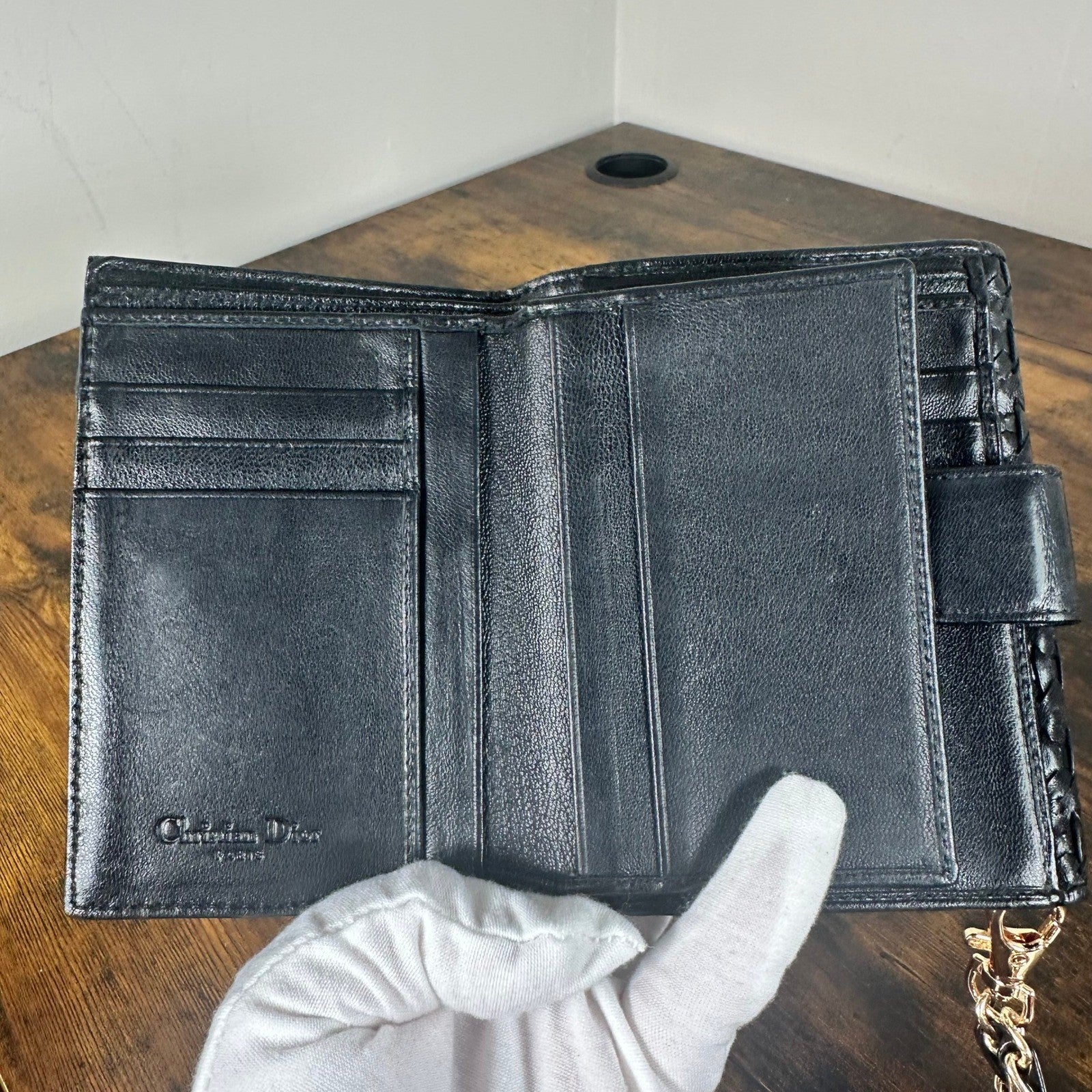 Christian Dior Black Woven Leather Wallet Wristlet Chain Strap Authentic Vintage