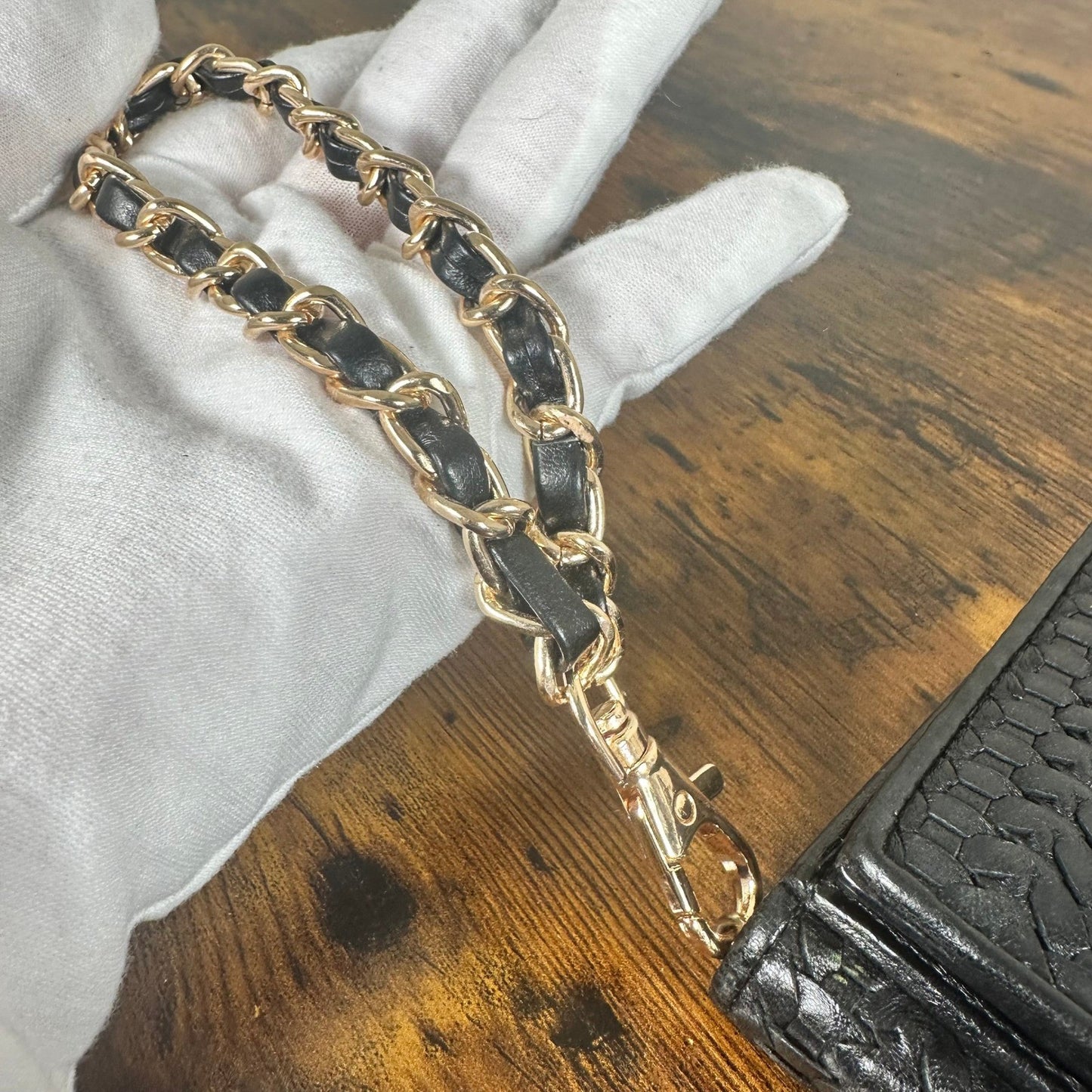 Christian Dior Black Woven Leather Wallet Wristlet Chain Strap Authentic Vintage