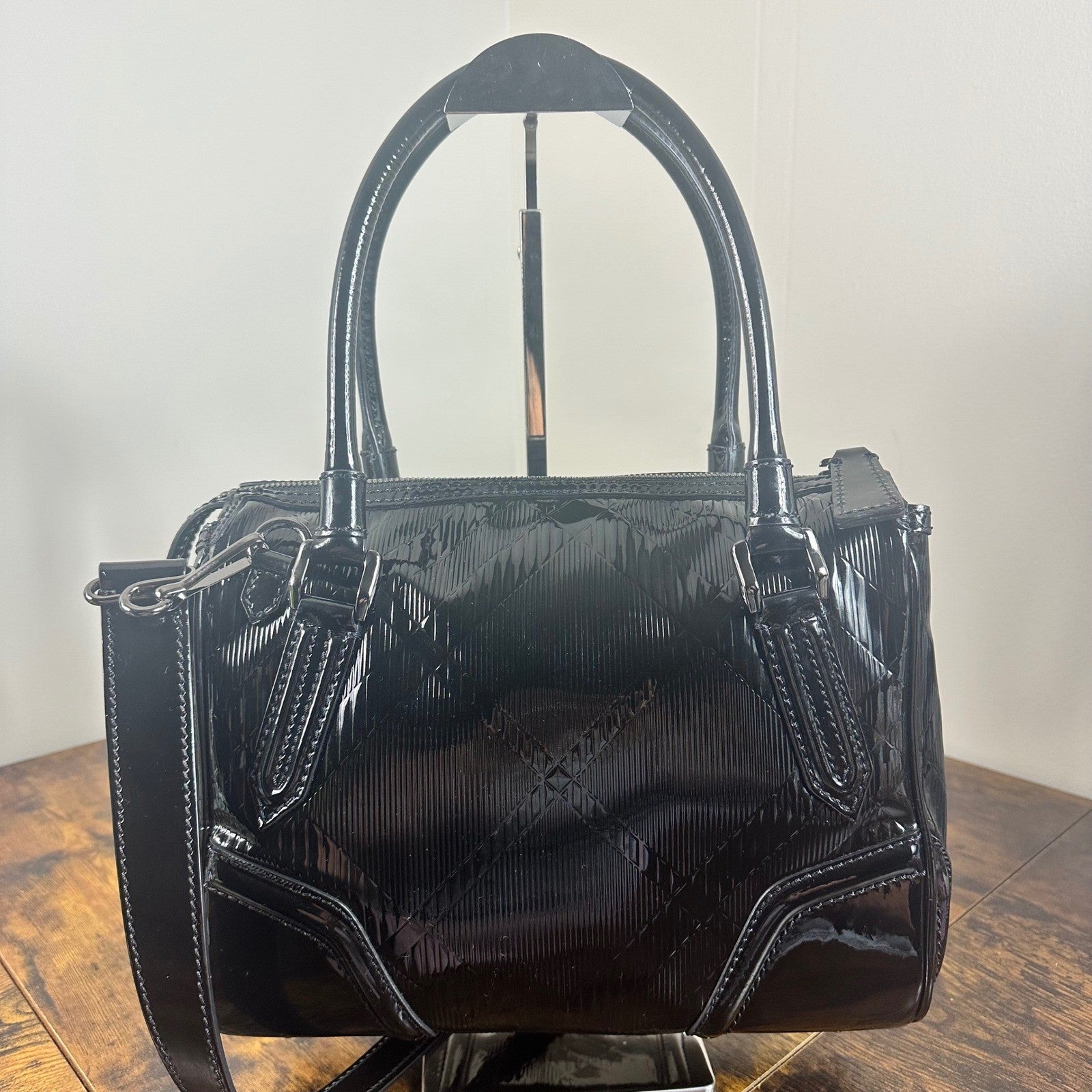 Burberry Black Patent Leather Satchel Handbag Shoulder Bag Made in Italy