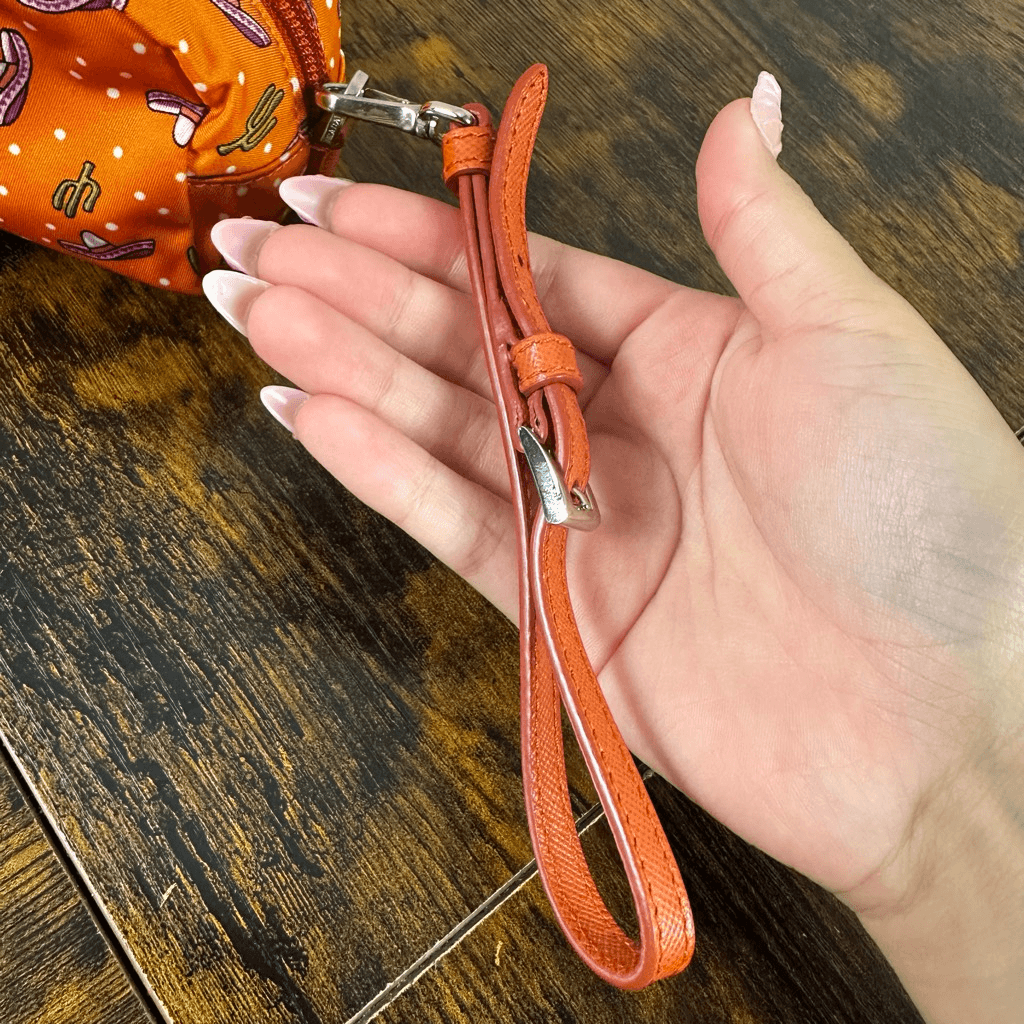 Prada Tessuto Nylon Wristlet Pouch Bag Orange Sombreros Cactus Colorful Festive