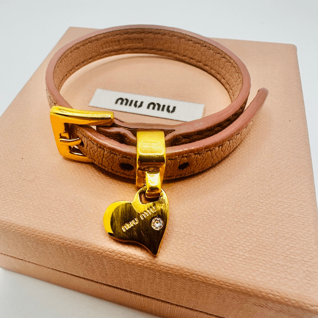 Miu Miu Heart Charm Pink Leather Bracelet With Box