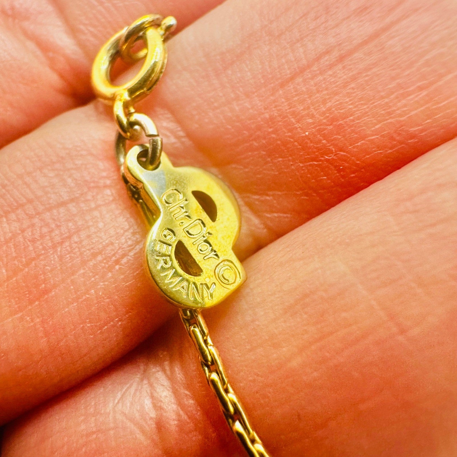 Vintage Christian Dior Gold Rhinestone Pendant Necklace Germany CD Logo