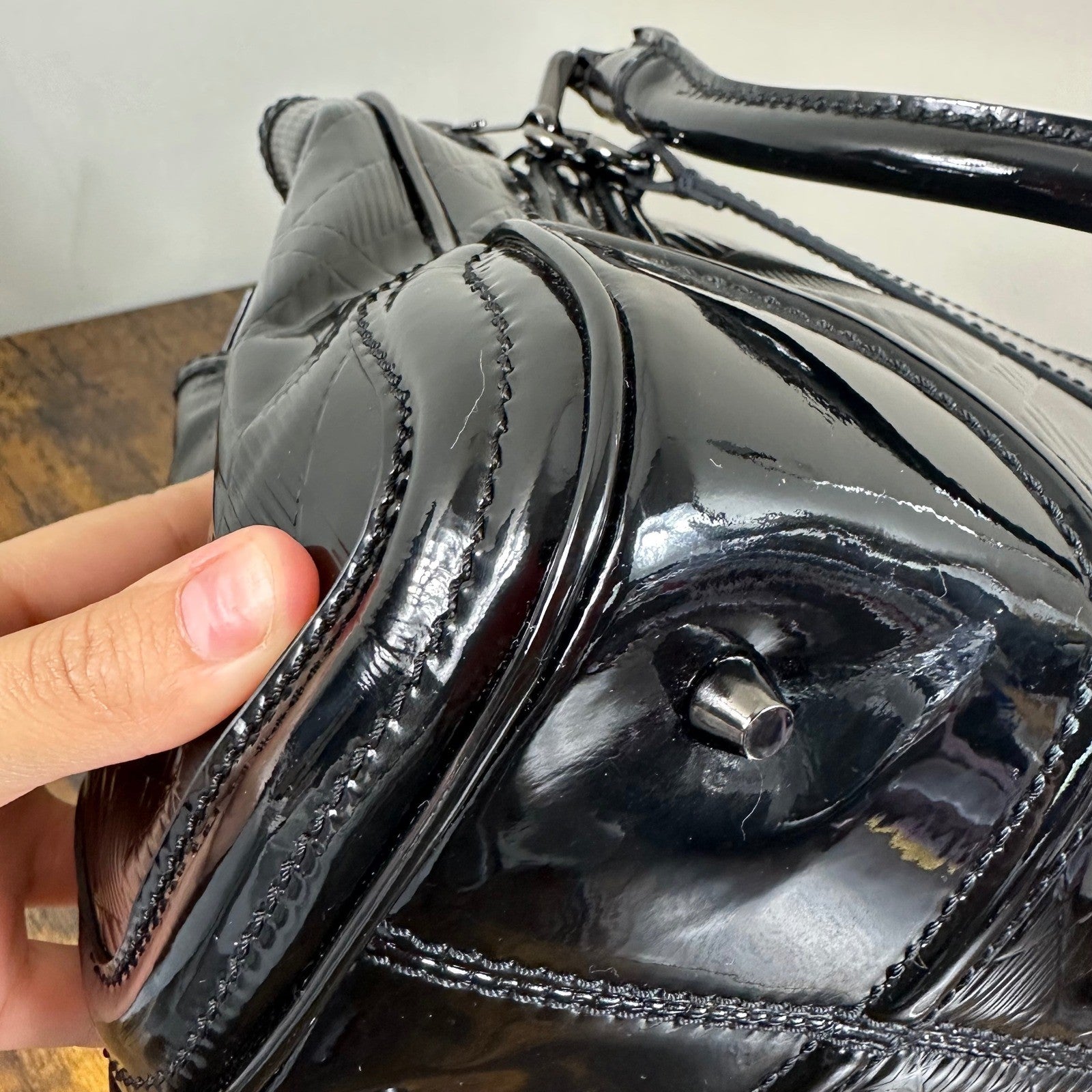 Burberry Black Patent Leather Satchel Handbag Shoulder Bag Made in Italy