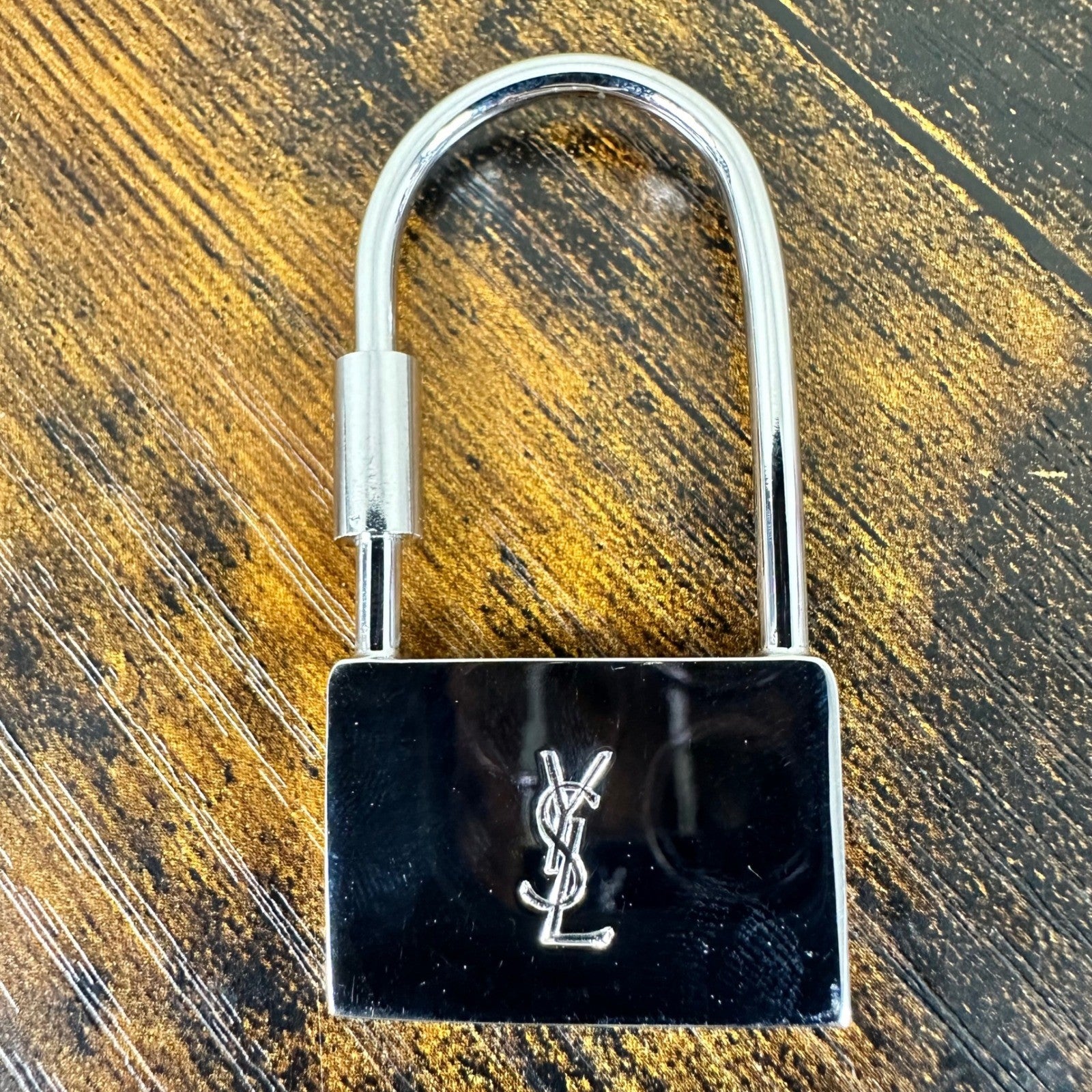 YSL Yves Saint Laurent Padlock Bag Charm Key Ring Silver Greek Key w/Box Vintage