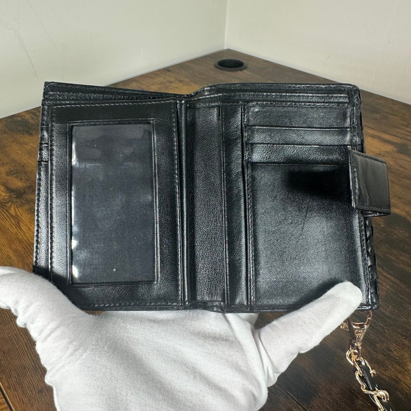 Christian Dior Black Woven Leather Wallet Wristlet Chain Strap Authentic Vintage