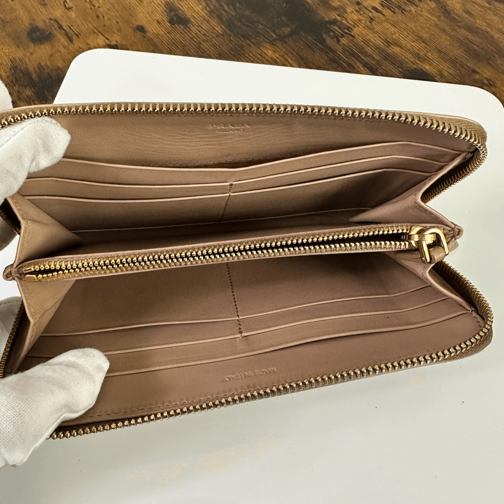 Prada Ribbon Beige Long Zippy Wallet Full Zip Leather