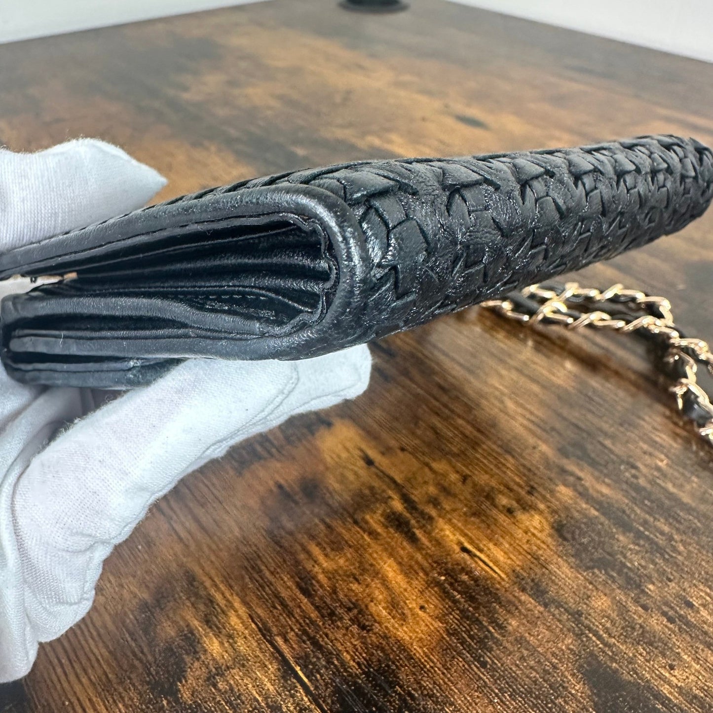 Christian Dior Black Woven Leather Wallet Wristlet Chain Strap Authentic Vintage