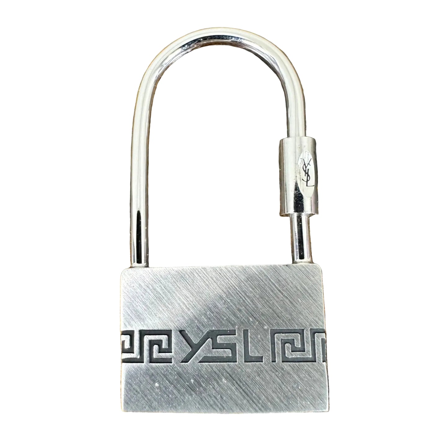 YSL Yves Saint Laurent Padlock Bag Charm Key Ring Silver Greek Key w/Box Vintage