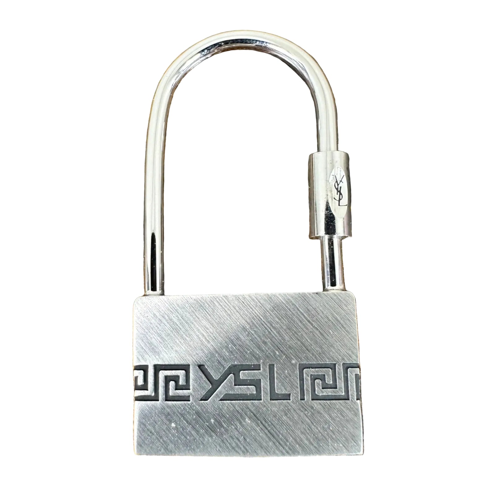 YSL Yves Saint Laurent Padlock Bag Charm Key Ring Silver Greek Key w/Box Vintage