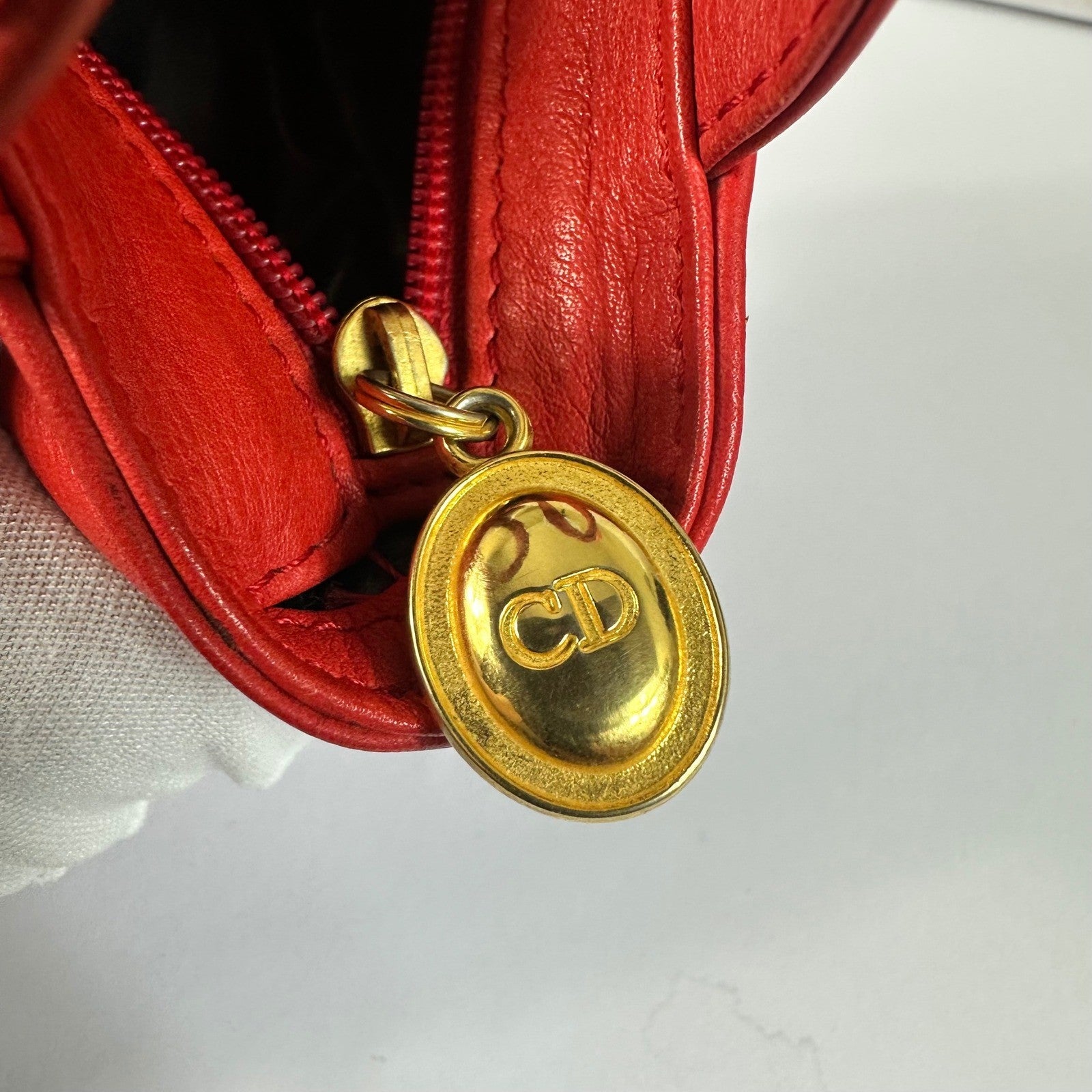 Christian Dior Red Leather Micro Tote Bag CD Logo Charm Handbag