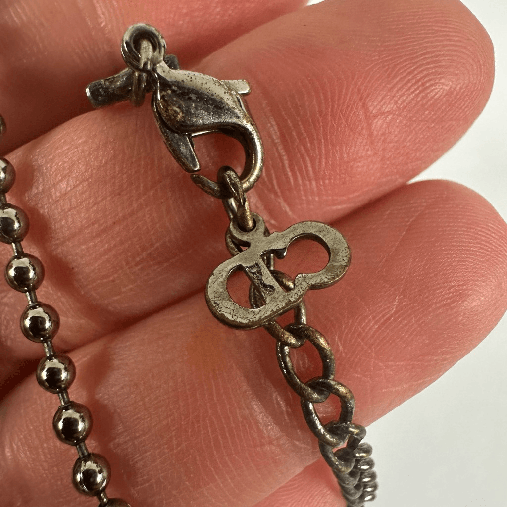 Christian Dior Silver Tone Dog Tag Ball Chain Pendant Necklace