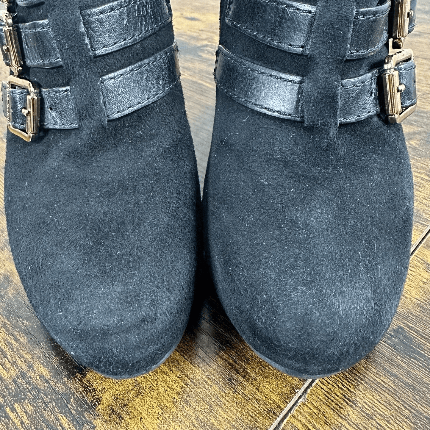 Tory Burch Gabrielle Buckle Suede Black Wedge Booties Size 6