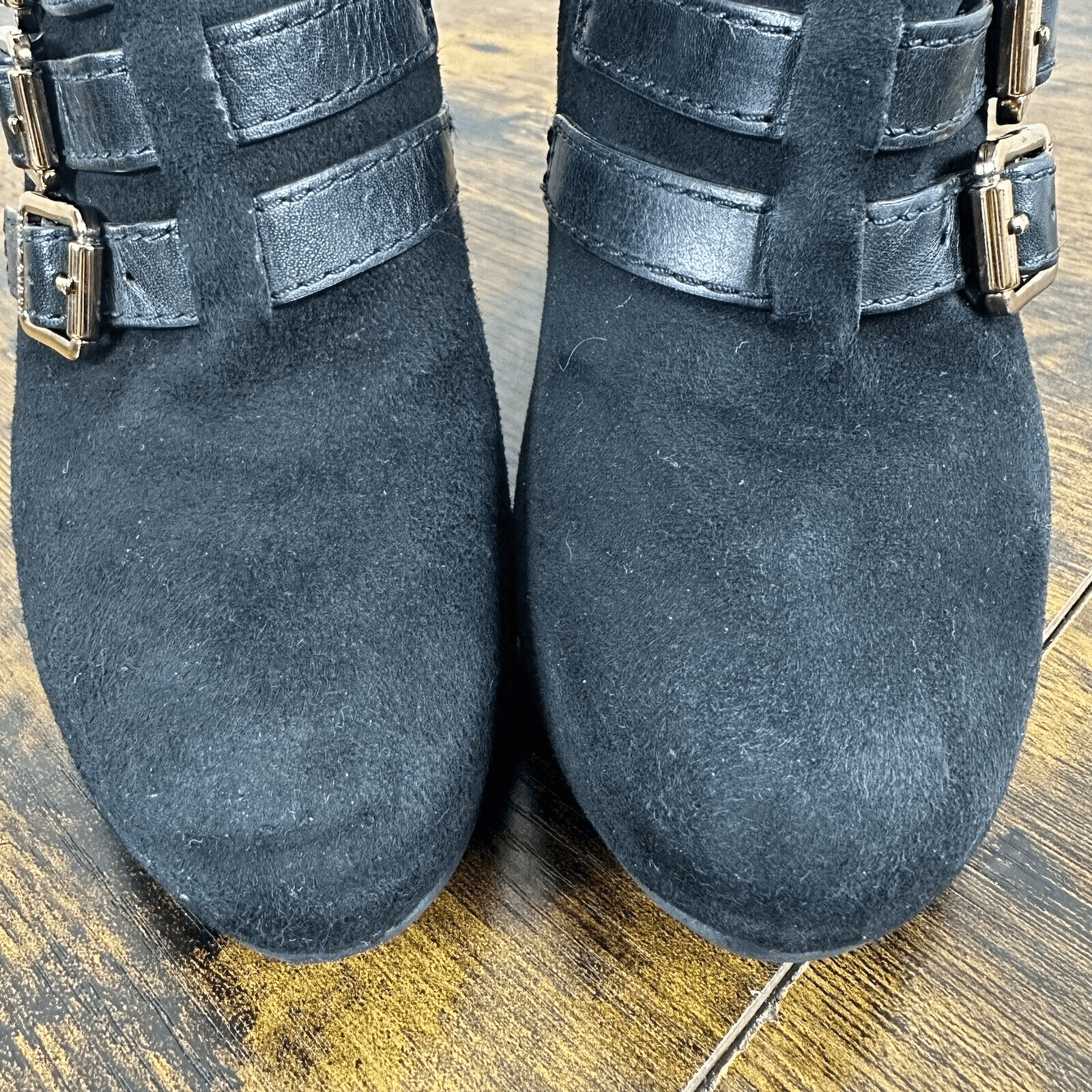 Tory Burch Gabrielle Buckle Suede Black Wedge Booties Size 6