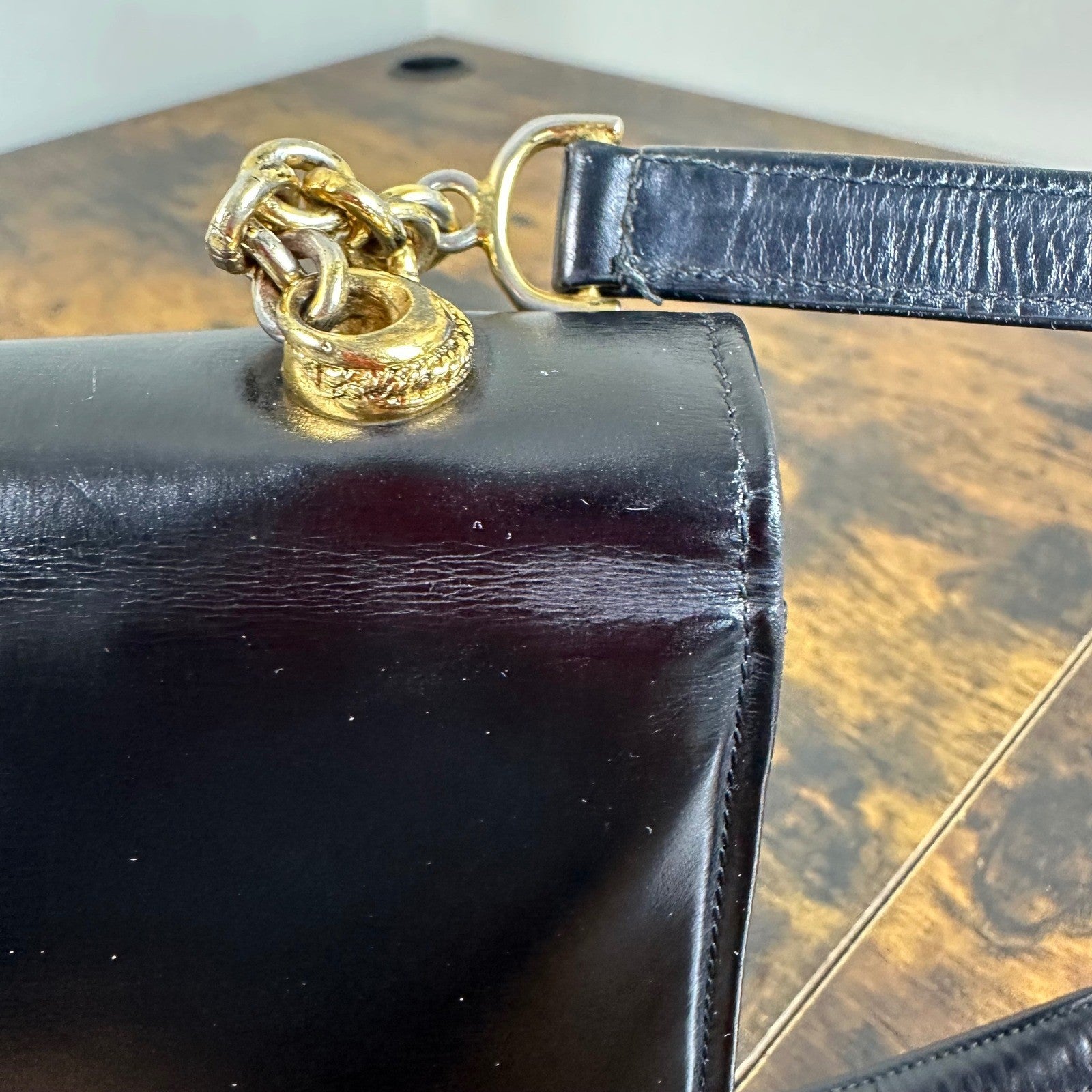 Vintage Gucci Black Leather Flap Chain Shoulder Handbag Evening Bag Authentic