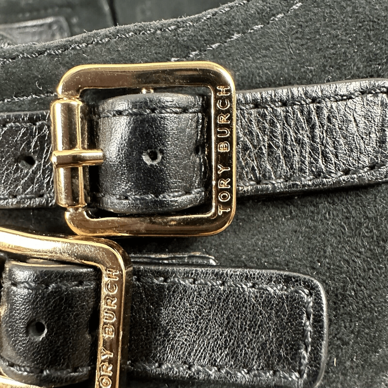 Tory Burch Gabrielle Buckle Suede Black Wedge Booties Size 6