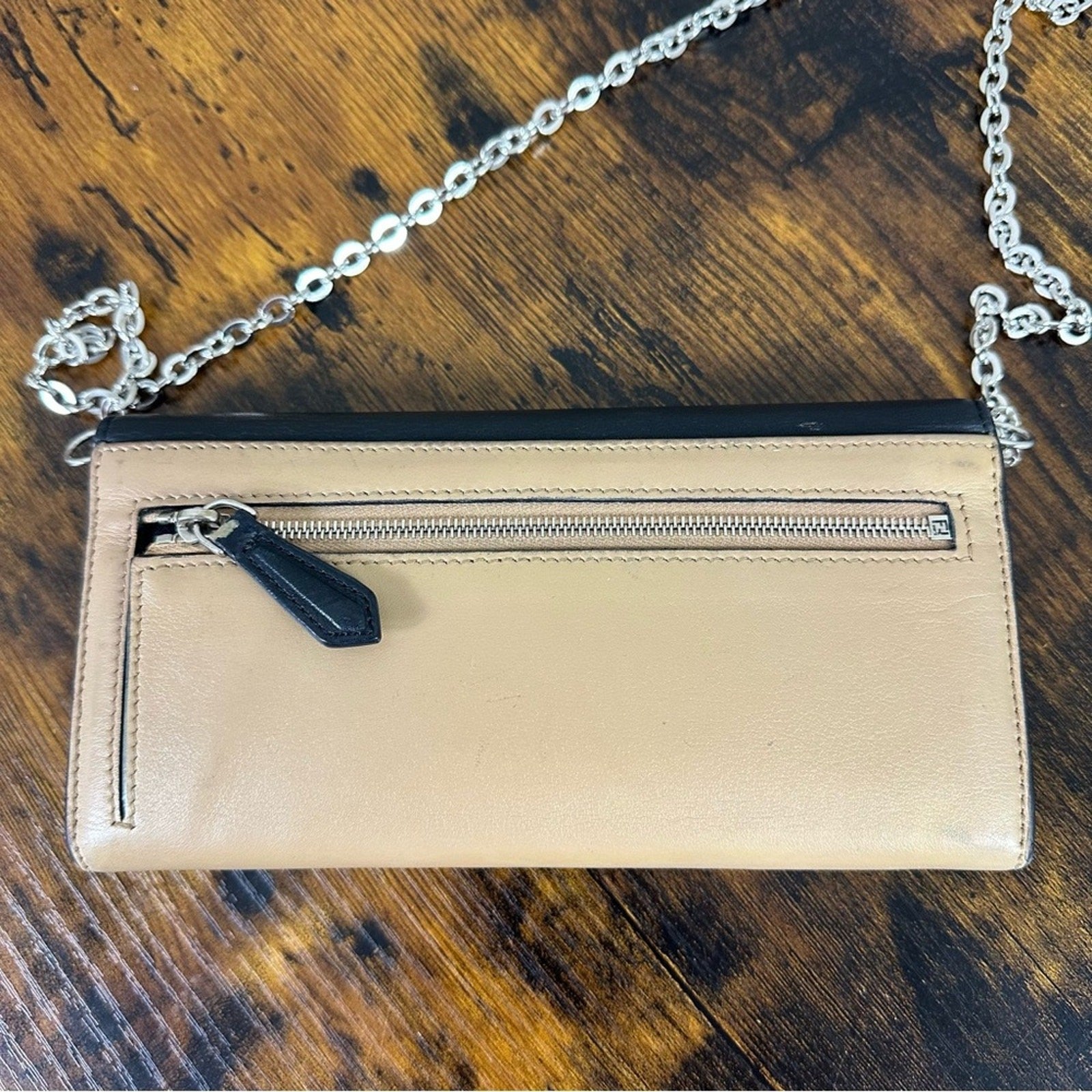 Fendi Leather Envelope Wallet Black Beige Authentic