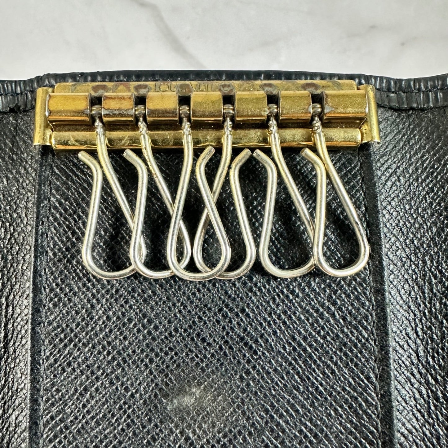 Louis Vuitton Epi Leather Key Holder Case Black Gold Chain Accent Vintage