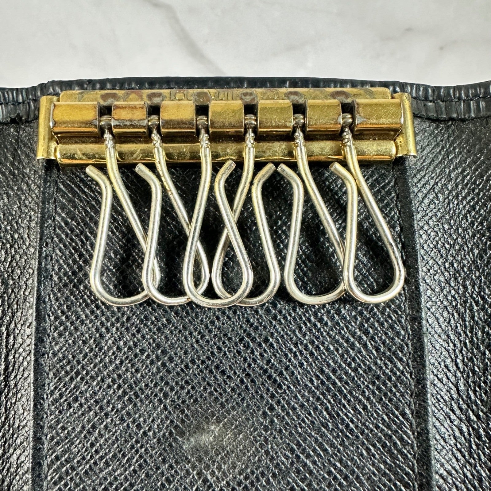 Louis Vuitton Epi Leather Key Holder Case Black Gold Chain Accent Vintage