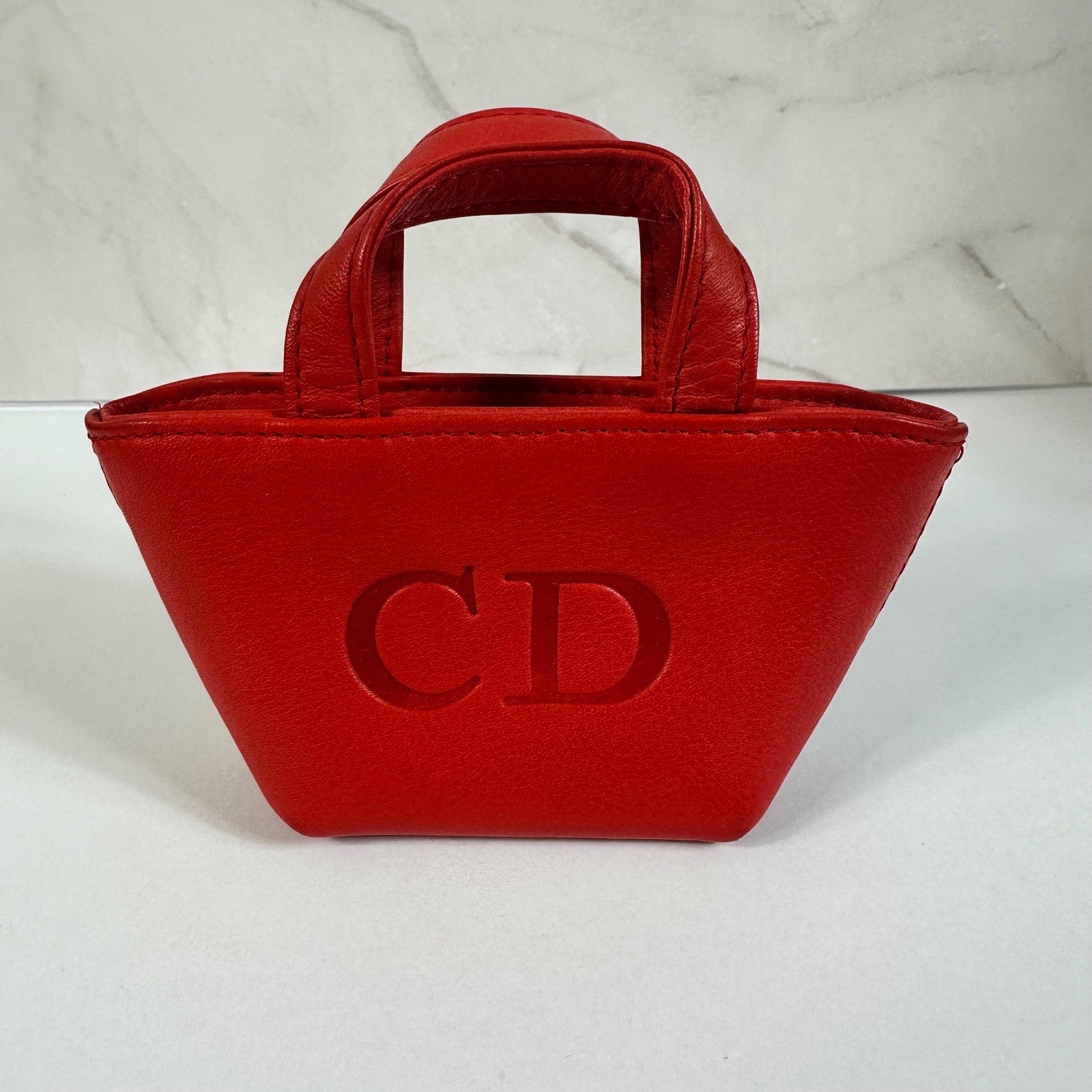 Christian Dior Red Leather Micro Tote Bag CD Logo Charm Handbag