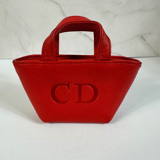 Christian Dior Red Leather Micro Tote Bag CD Logo Charm Handbag