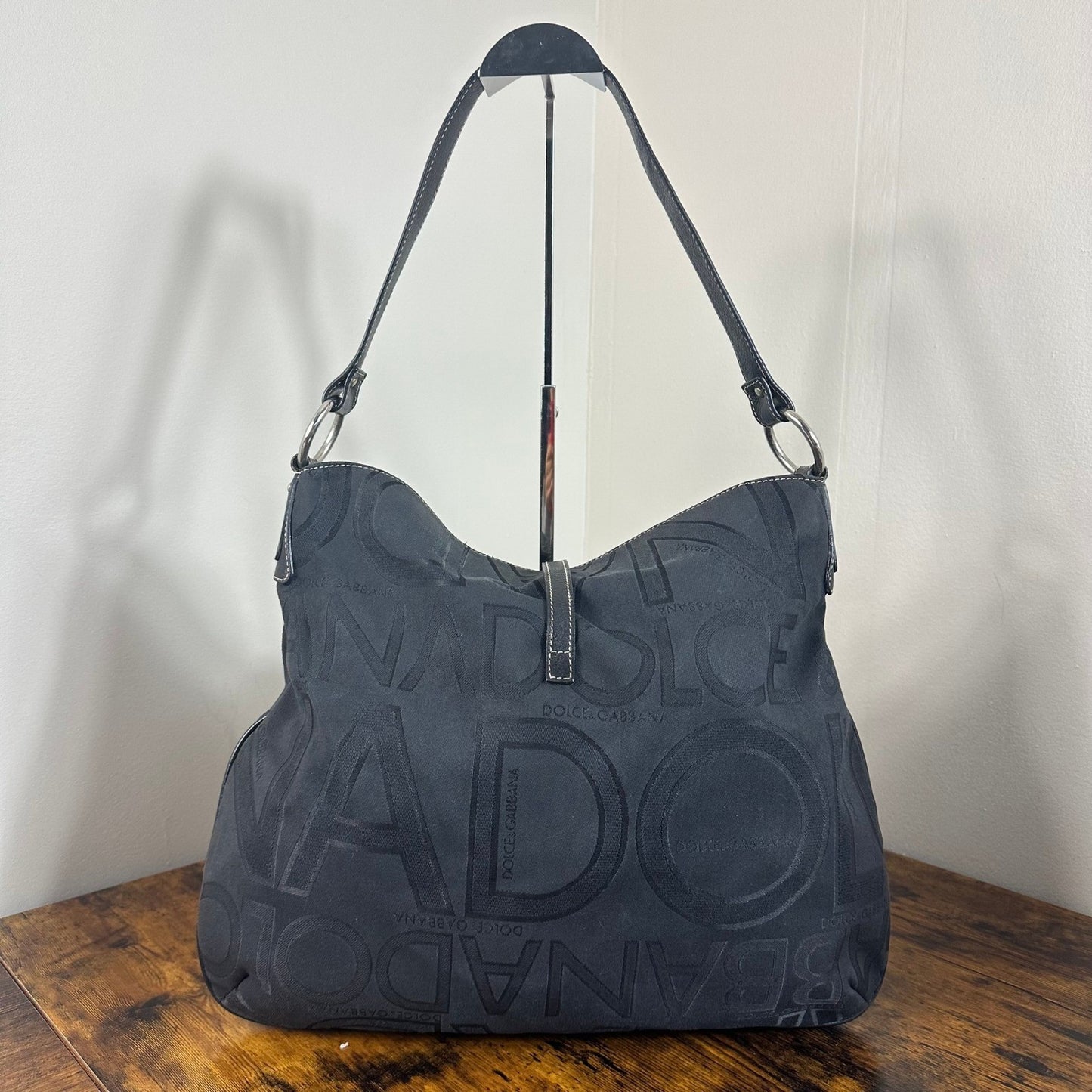 Dolce & Gabbana Black Logo Jacquard Hobo Shoulder Bag Leather Trim Ring Detail