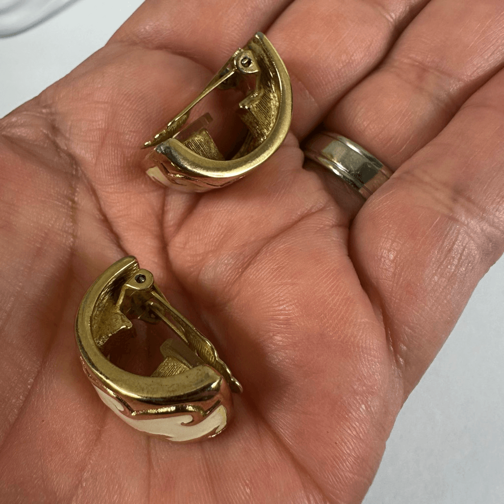 Christian Dior Vintage Hoop Clip On Earrings White Enamel Gold Tone Signed