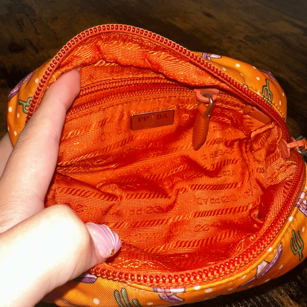 Prada Tessuto Nylon Wristlet Pouch Bag Orange Sombreros Cactus Colorful Festive