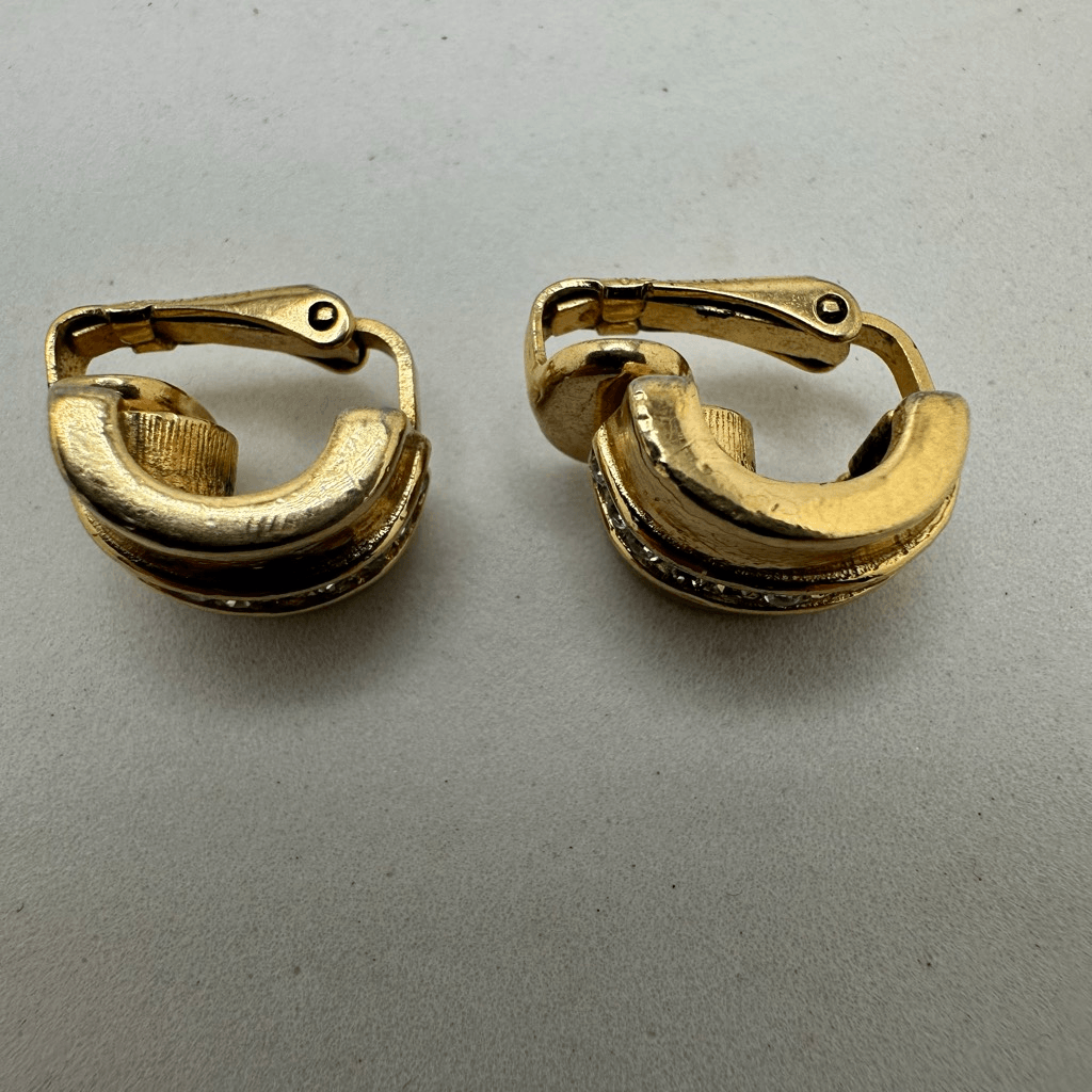 Christian Dior Gold Tone Rhinestone Small Half Hoop Clip On Earrings Vintage