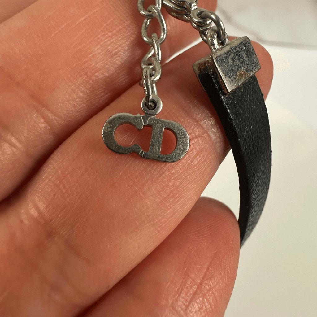 Christian Dior Leather Silver Tone Adjustable Bracelet