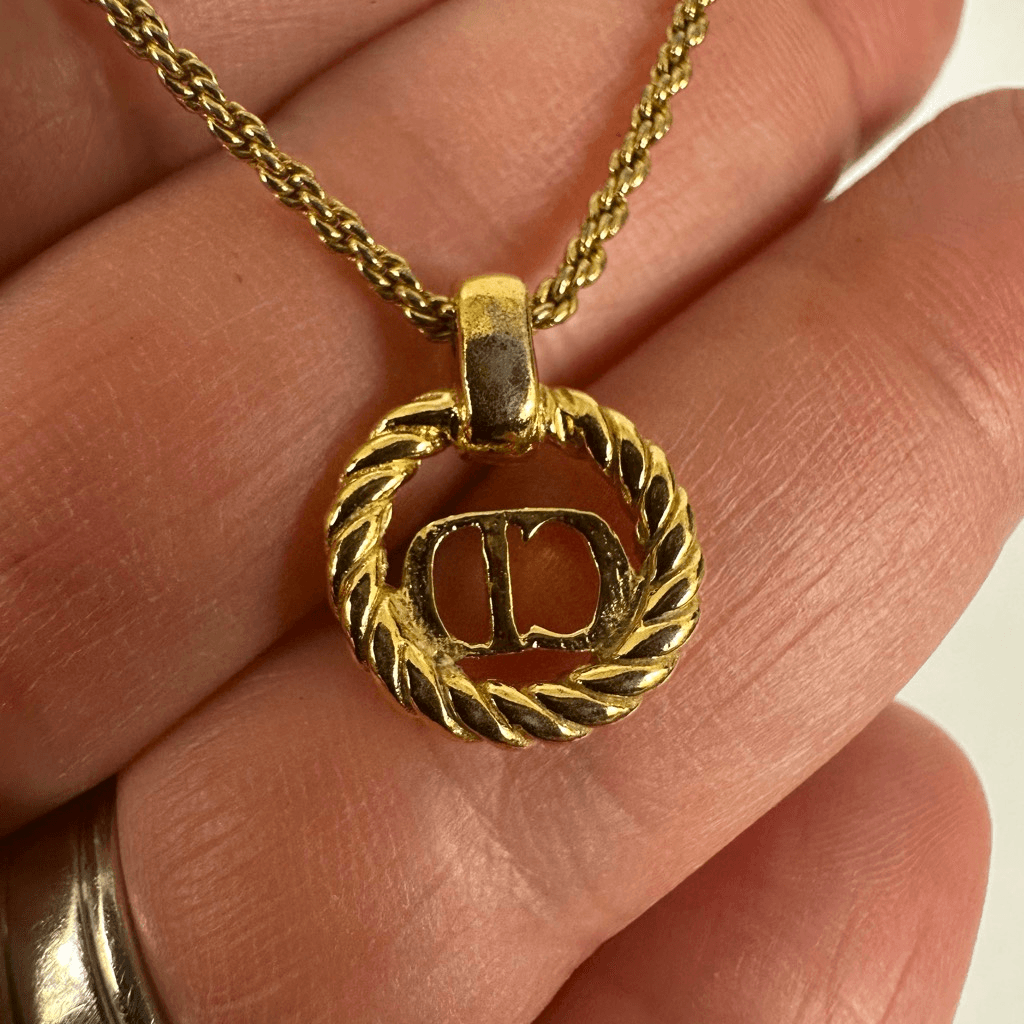 Christian Dior CD Logo Gold Tone Pendant Necklace
