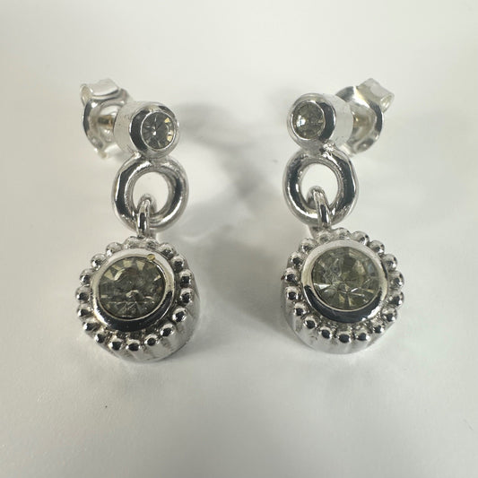 Dior Silver Tone Dangle Drop Earrings Rhinestone Accent Designer Jewelry