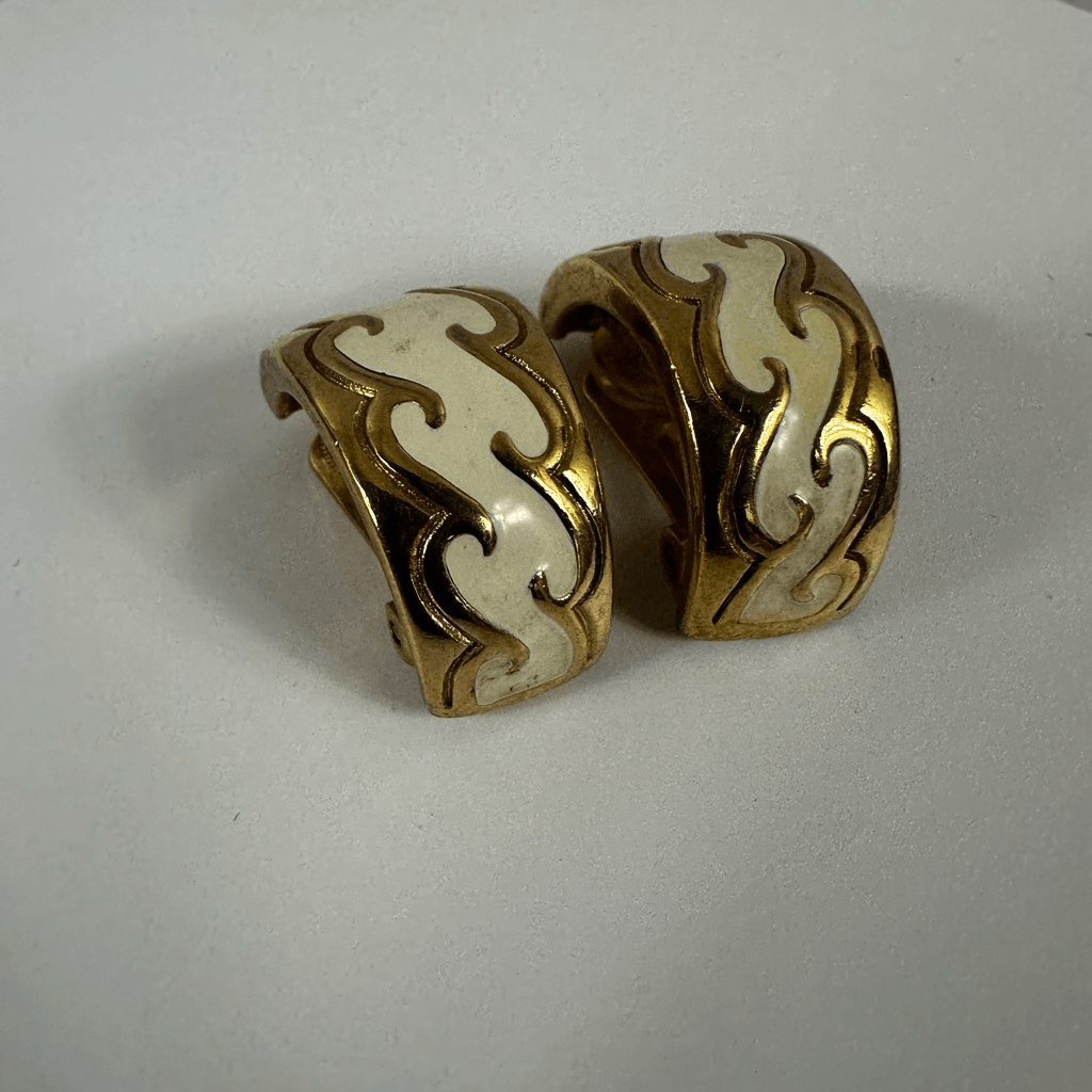 Christian Dior Vintage Hoop Clip On Earrings White Enamel Gold Tone Signed
