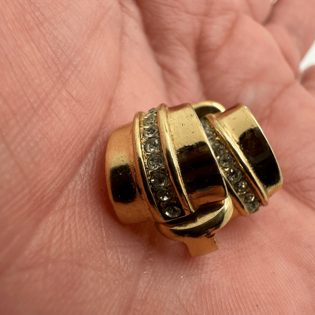 Christian Dior Gold Tone Rhinestone Small Half Hoop Clip On Earrings Vintage