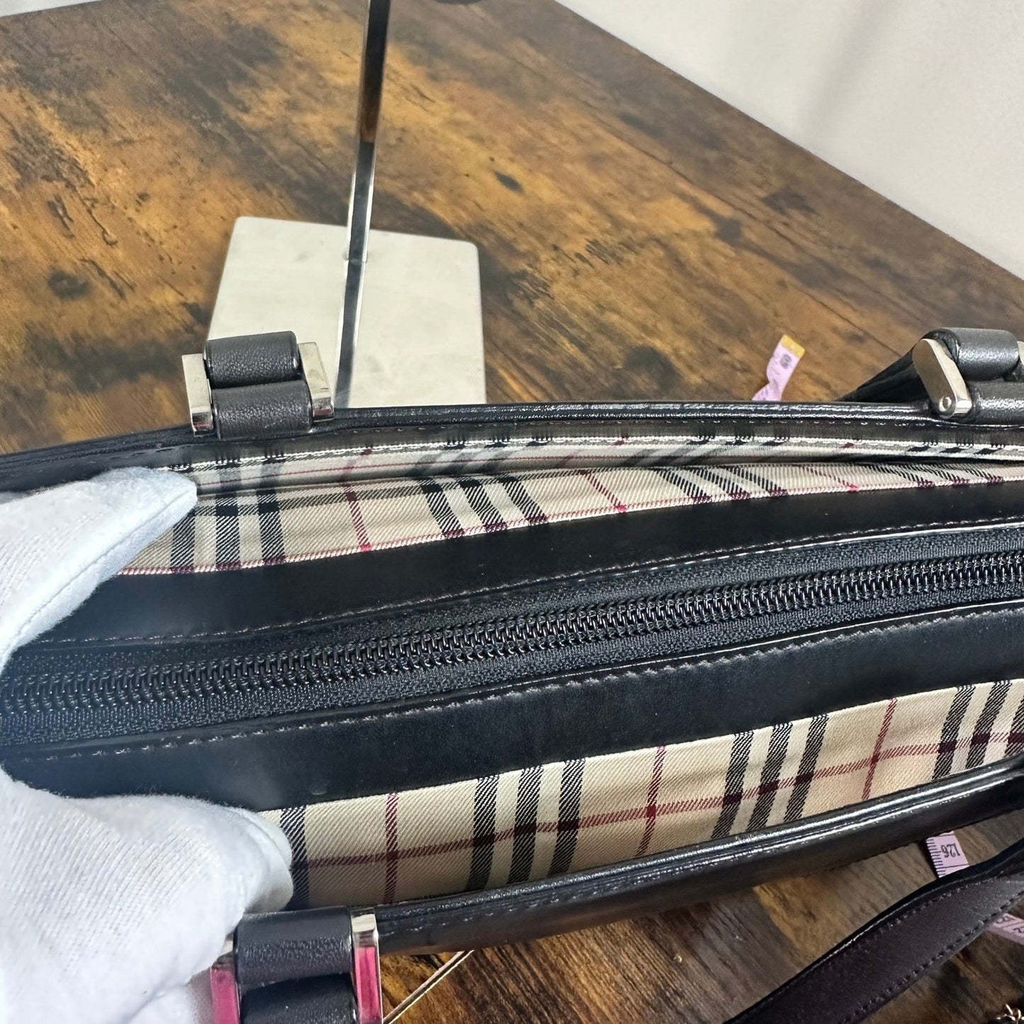 Burberry Black Leather Tote Bag Classic Nova Check Lining