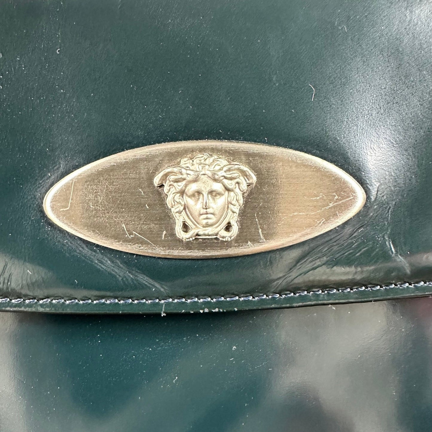 Gianni Versace Medusa Teal Patent Leather Shoulder Bag Vintage Authentic