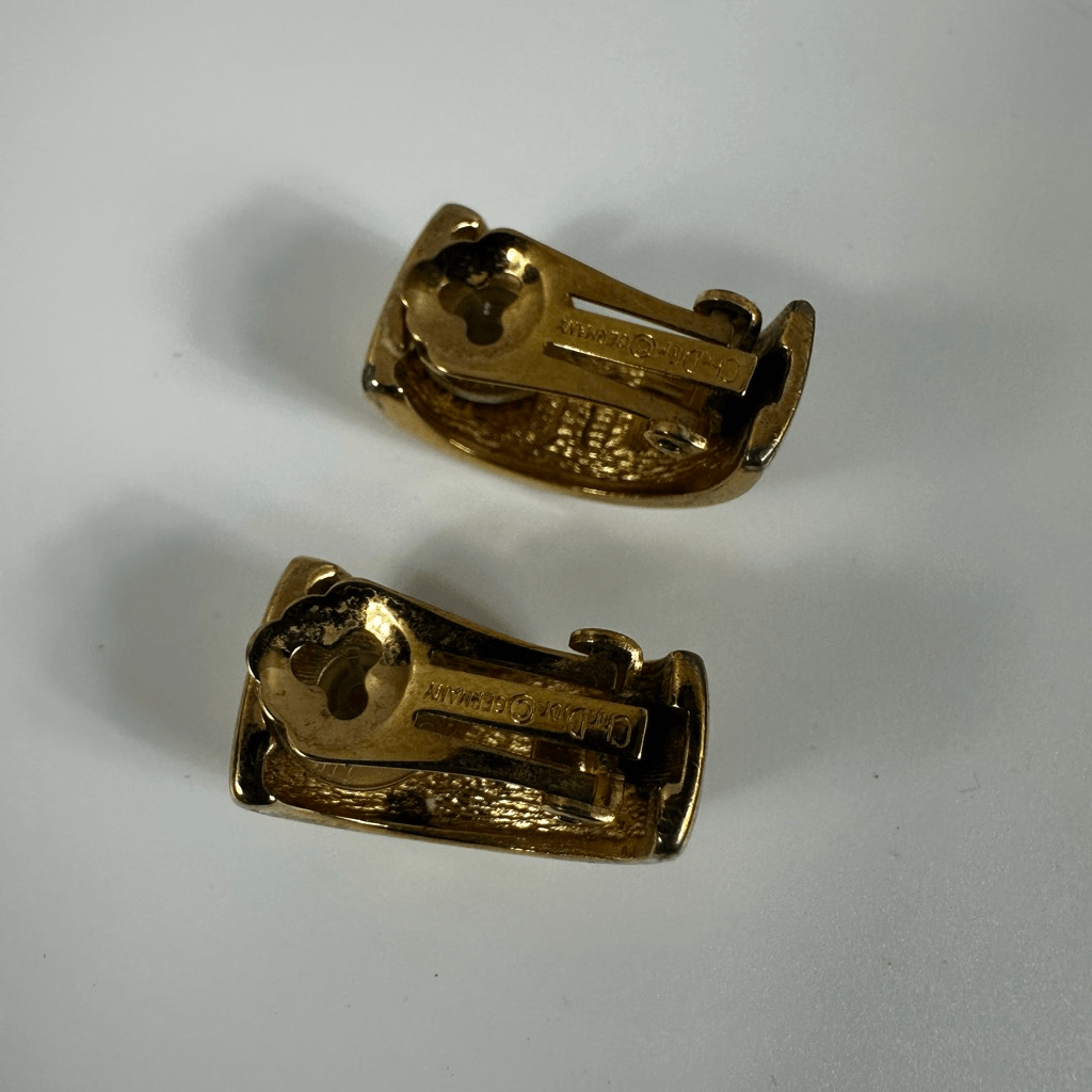 Christian Dior Vintage Hoop Clip On Earrings White Enamel Gold Tone Signed
