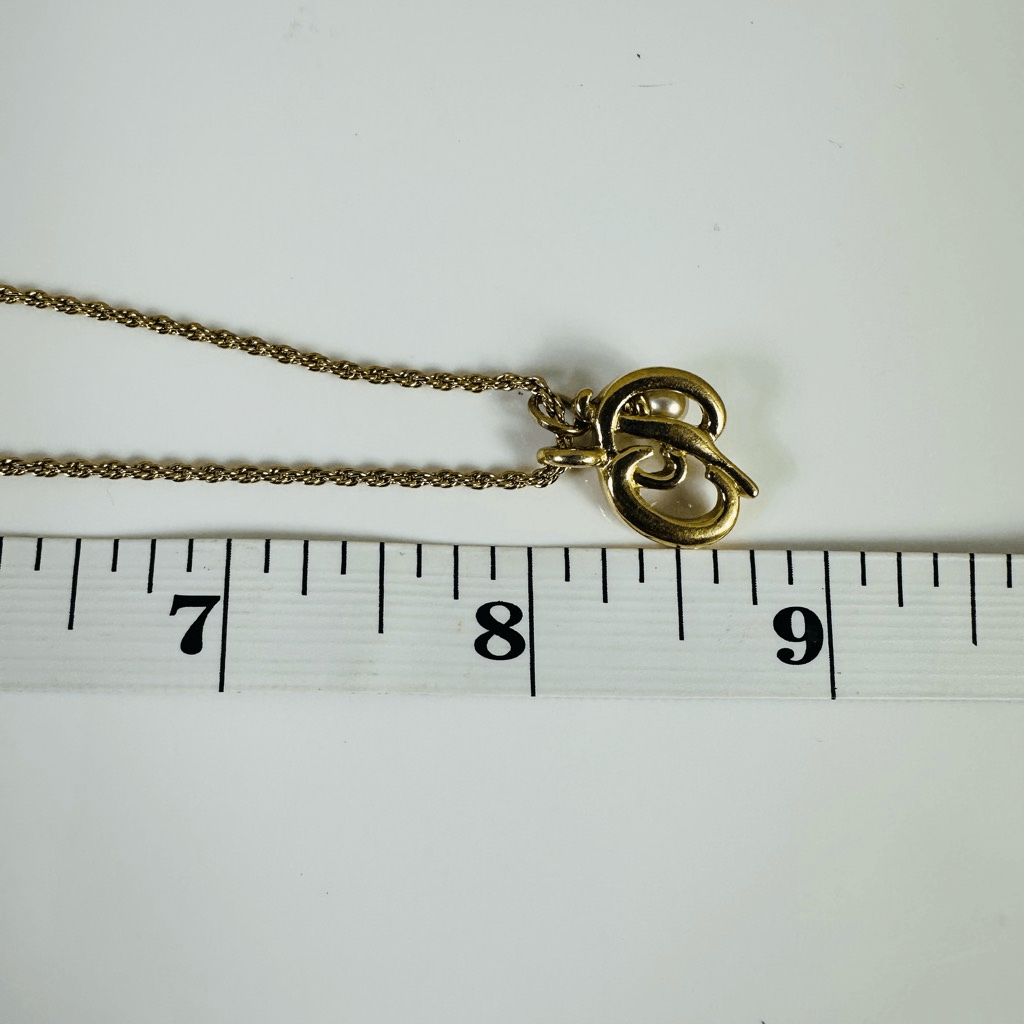 Christian Dior CD Logo Faux Pearl Pendant Necklace Gold Tone