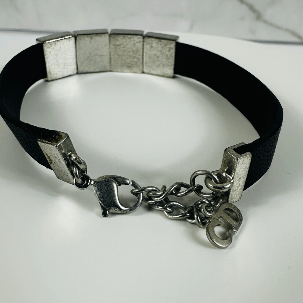 Christian Dior Leather Silver Tone Adjustable Bracelet