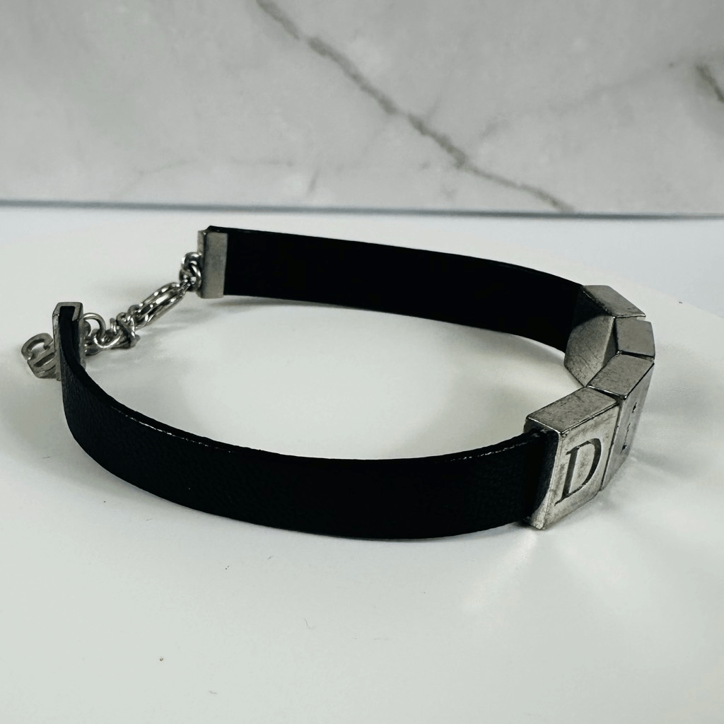 Christian Dior Leather Silver Tone Adjustable Bracelet