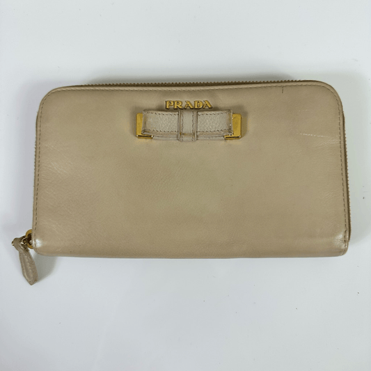 Prada Ribbon Beige Long Zippy Wallet Full Zip Leather