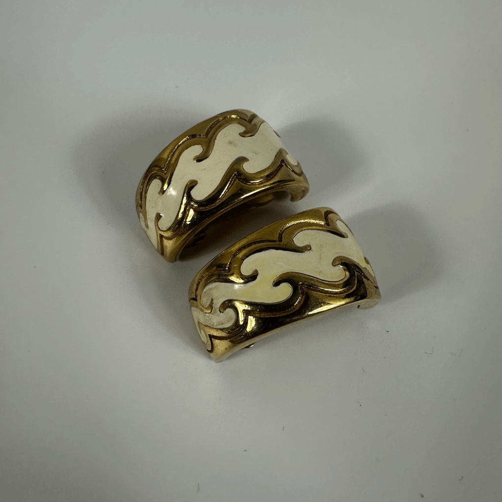 Christian Dior Vintage Hoop Clip On Earrings White Enamel Gold Tone Signed