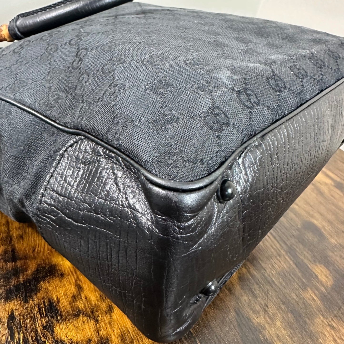 Gucci GG Canvas Bamboo Handle Tote Bag Handbag Black