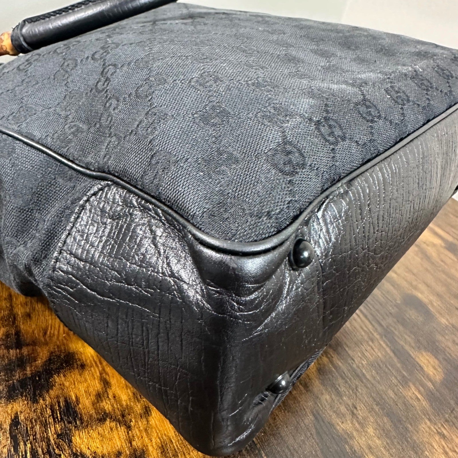 Gucci GG Canvas Bamboo Handle Tote Bag Handbag Black