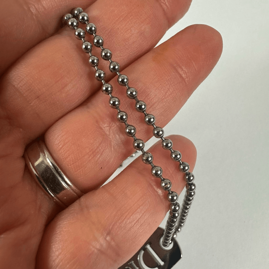 Christian Dior Silver Tone Dog Tag Ball Chain Pendant Necklace