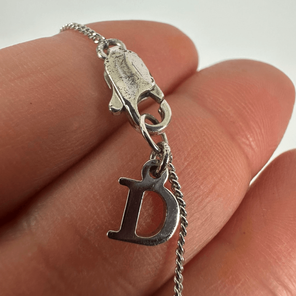 Christian Dior Letter D” Y-Drop Silver Tone Rhinestone Pendant Necklace