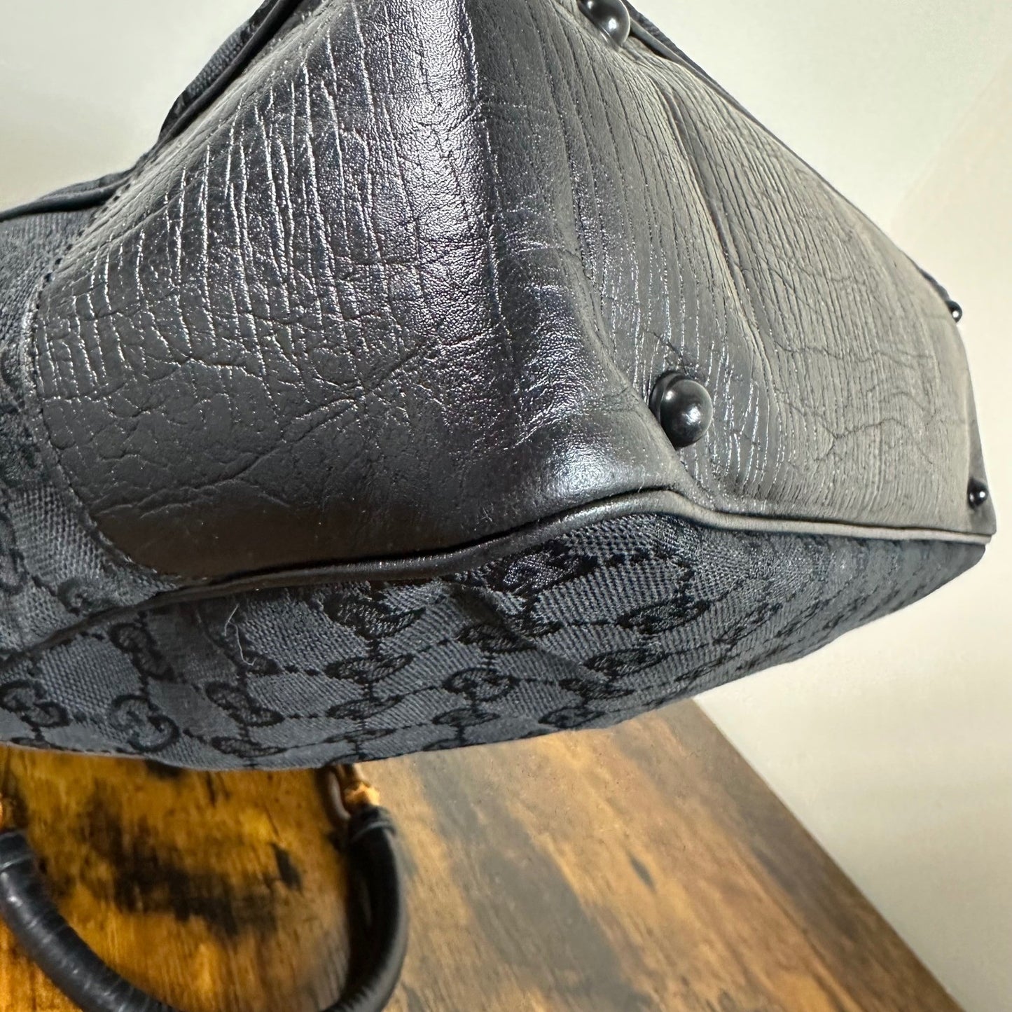 Gucci GG Canvas Bamboo Handle Tote Bag Handbag Black