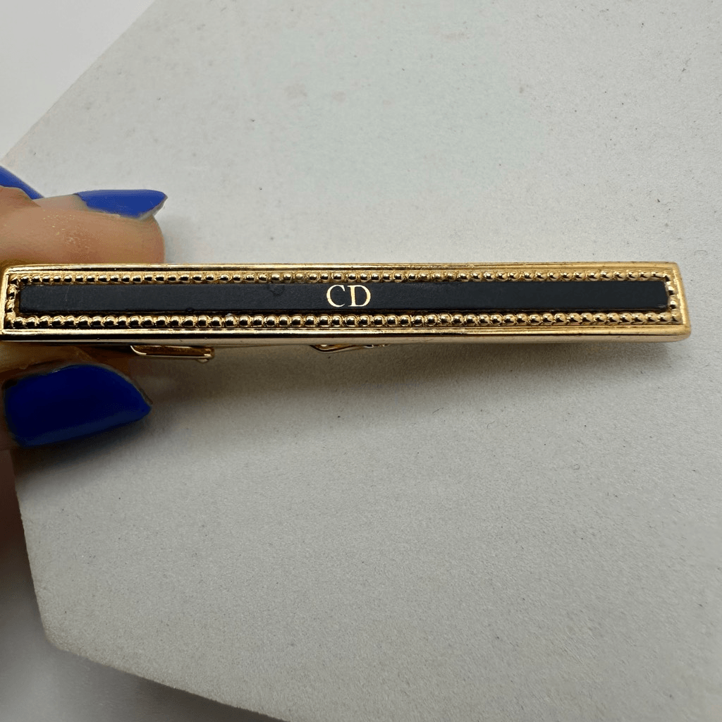 Christian Dior CD Logo Black Enamel Gold Tone Tie Clip