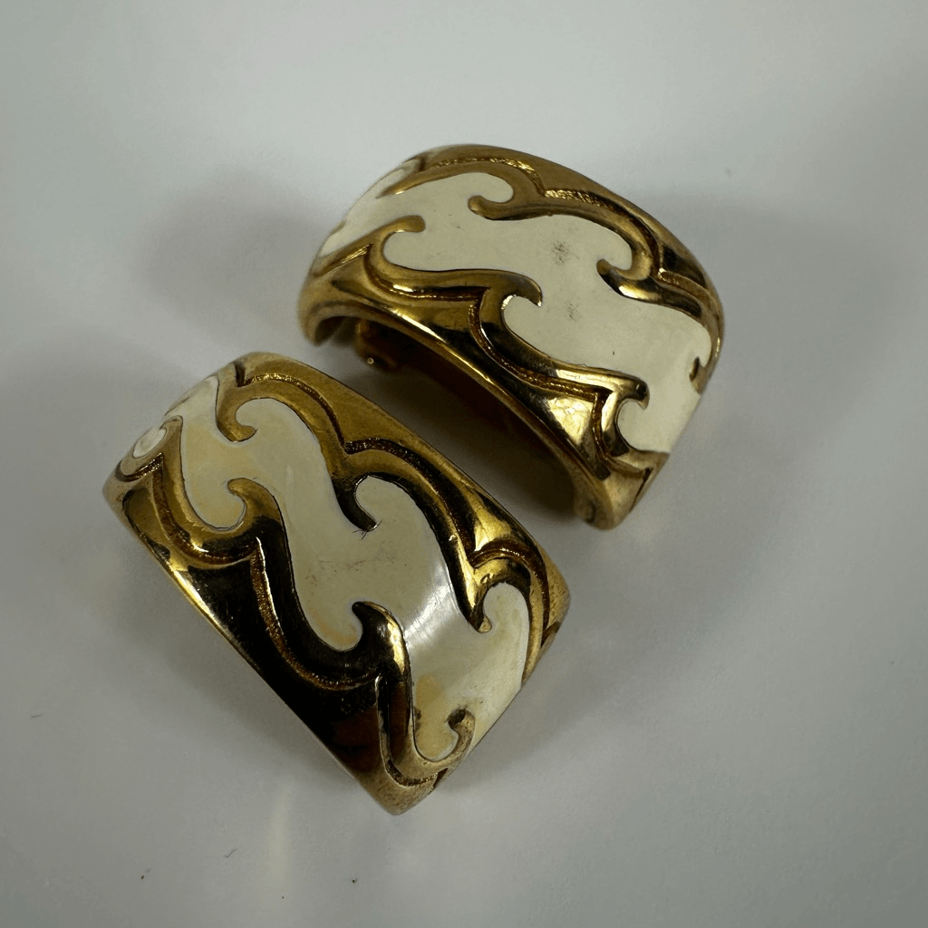 Christian Dior Vintage Hoop Clip On Earrings White Enamel Gold Tone Signed