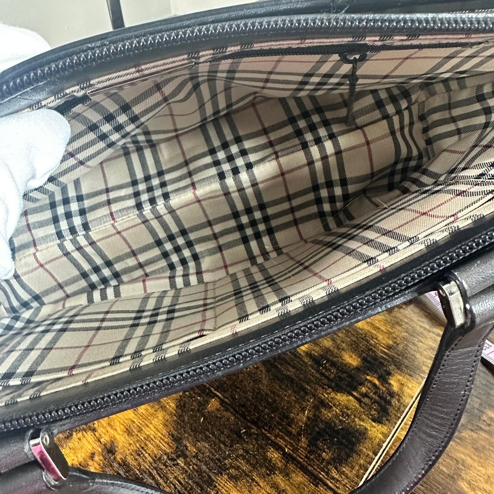 Burberry Black Leather Tote Bag Classic Nova Check Lining